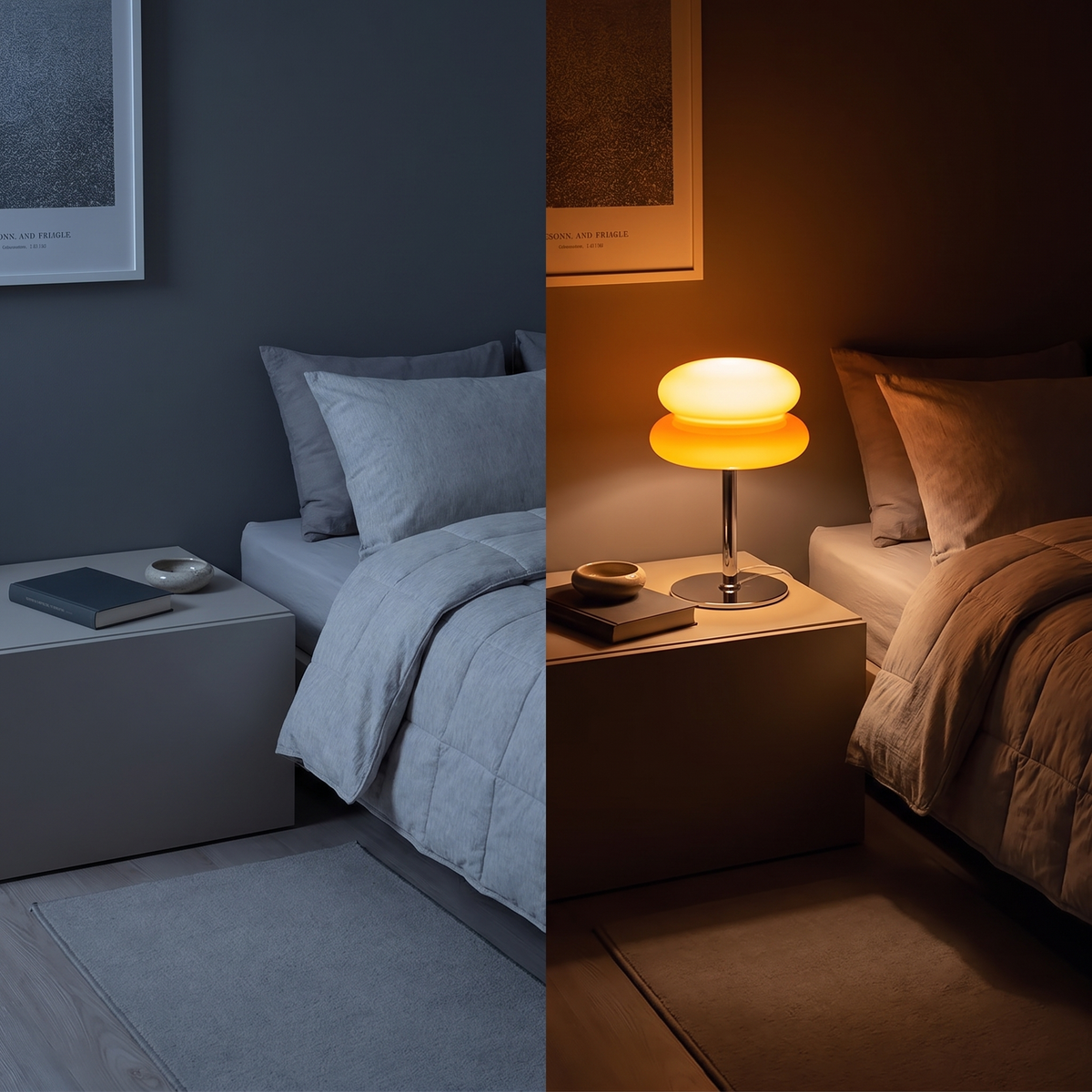 Bedside before and after the lamp is switched on