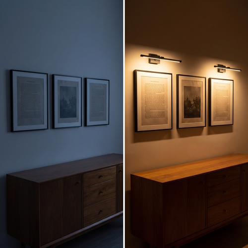 Gallery wall before and after the picture lights are switched on