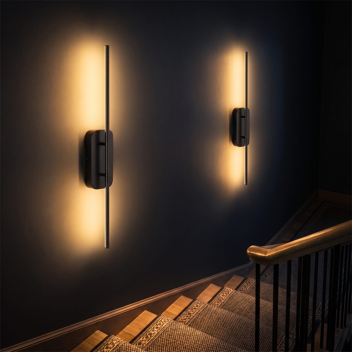 Mounted high on a stairwell wall with no cable