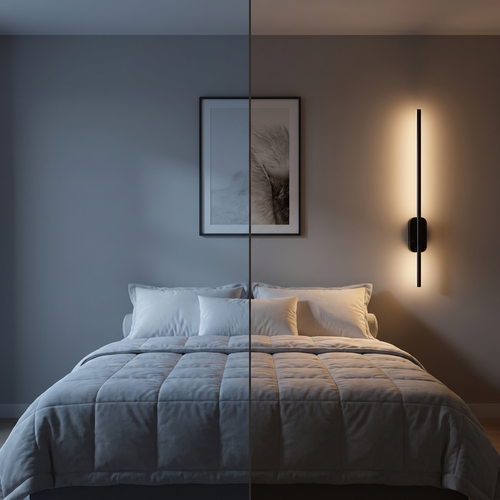 Bedroom before and after the sconces are switched on