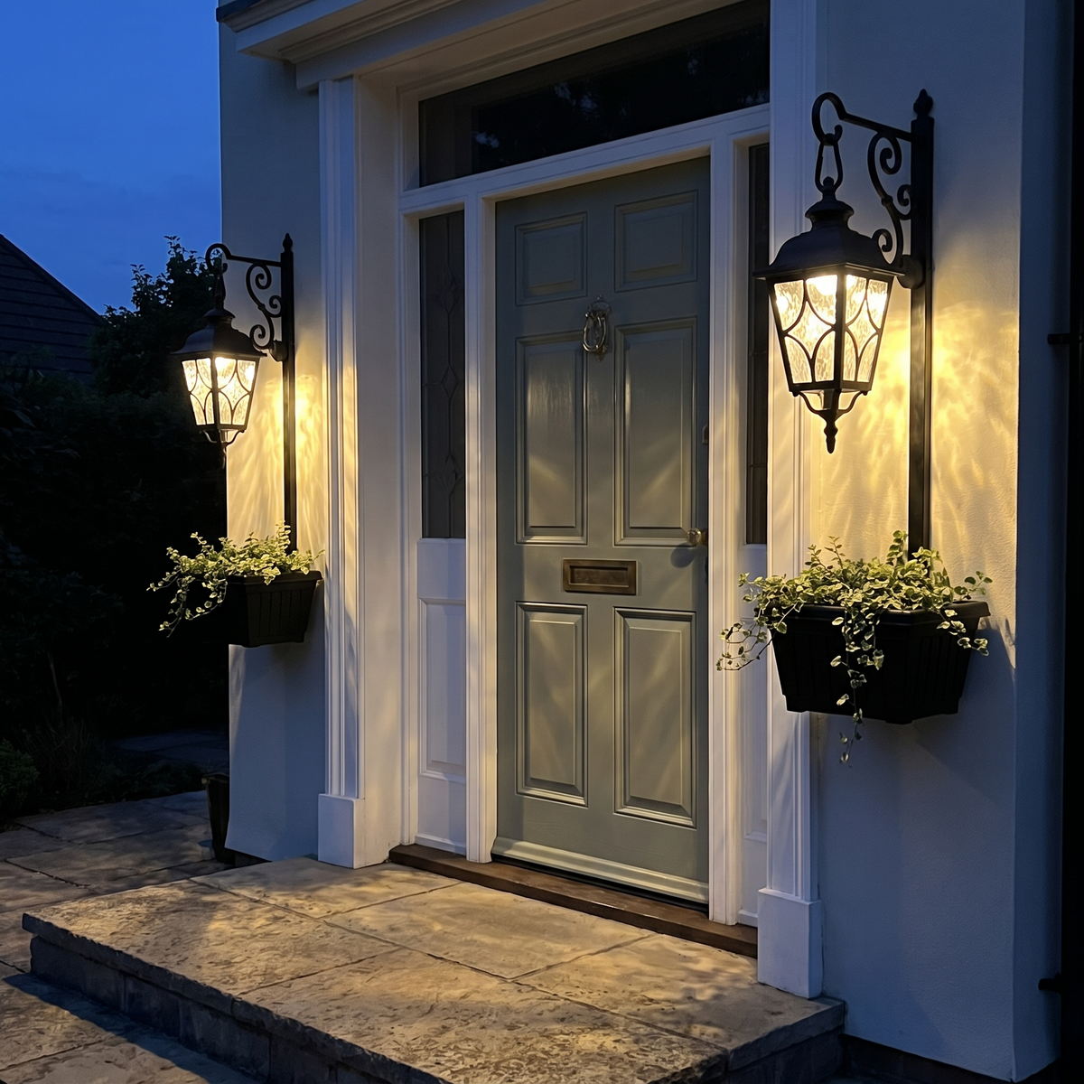 Two solar flowerpot lights either side of a front door at dusk
