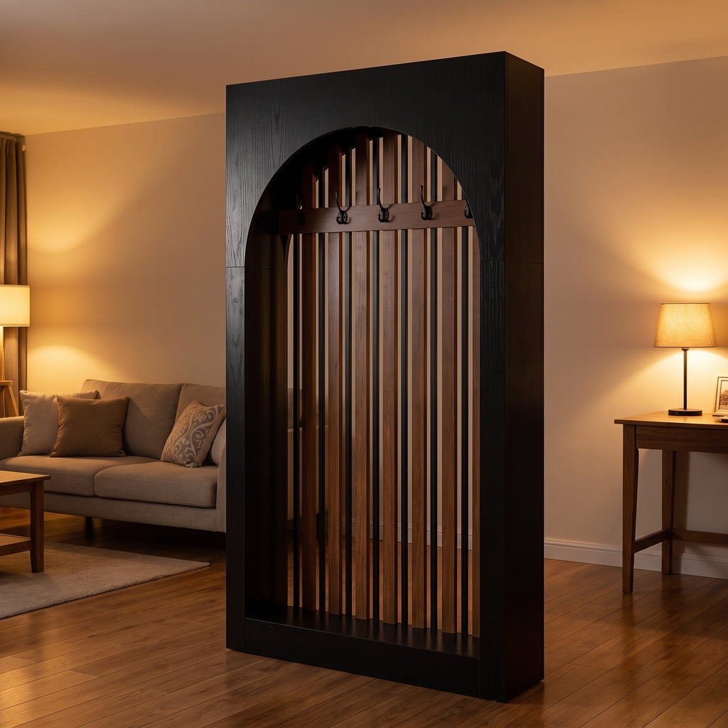 Arched wood room divider in an open plan room