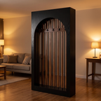 Arched wood room divider in an open plan room