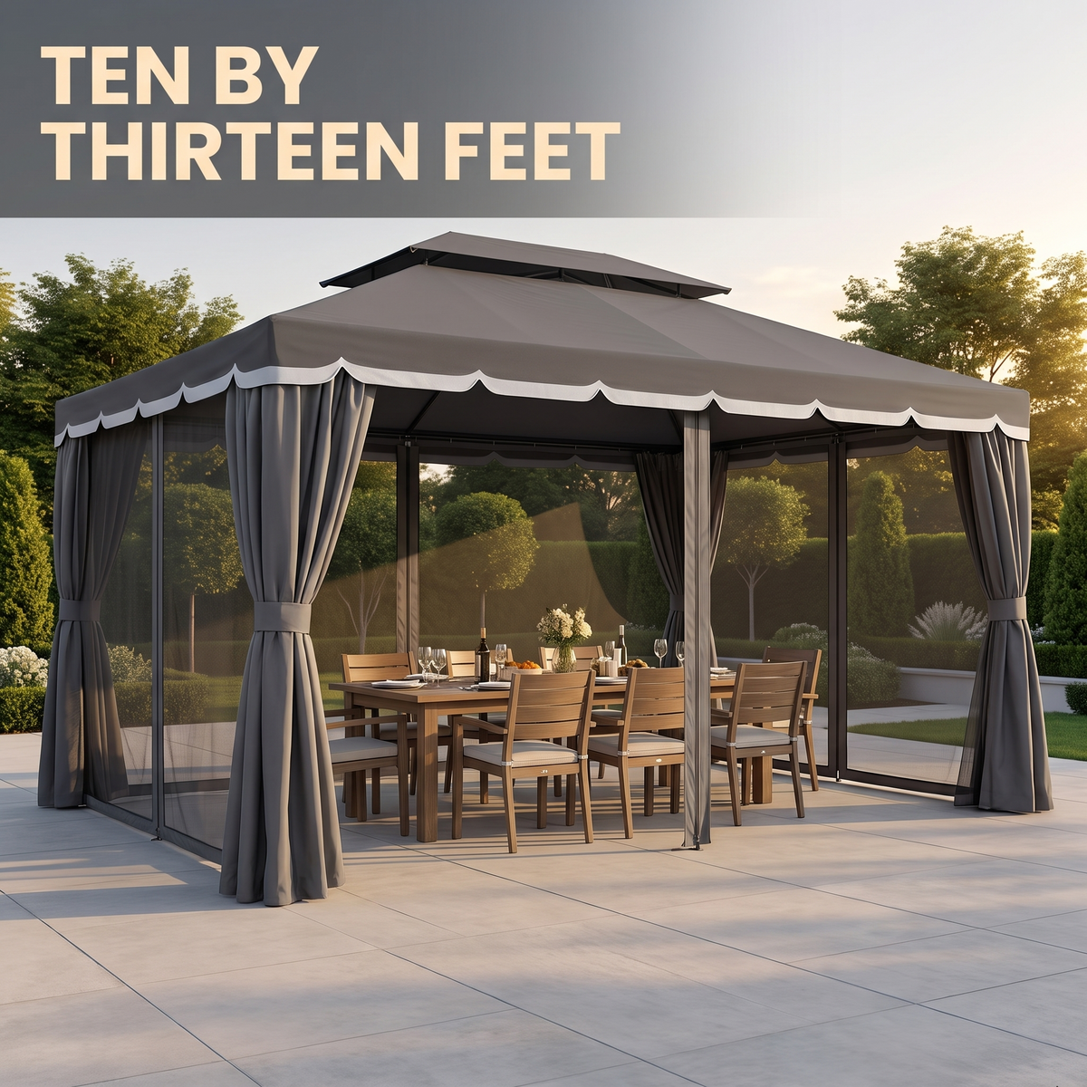 Ten by thirteen feet fits a full dining table