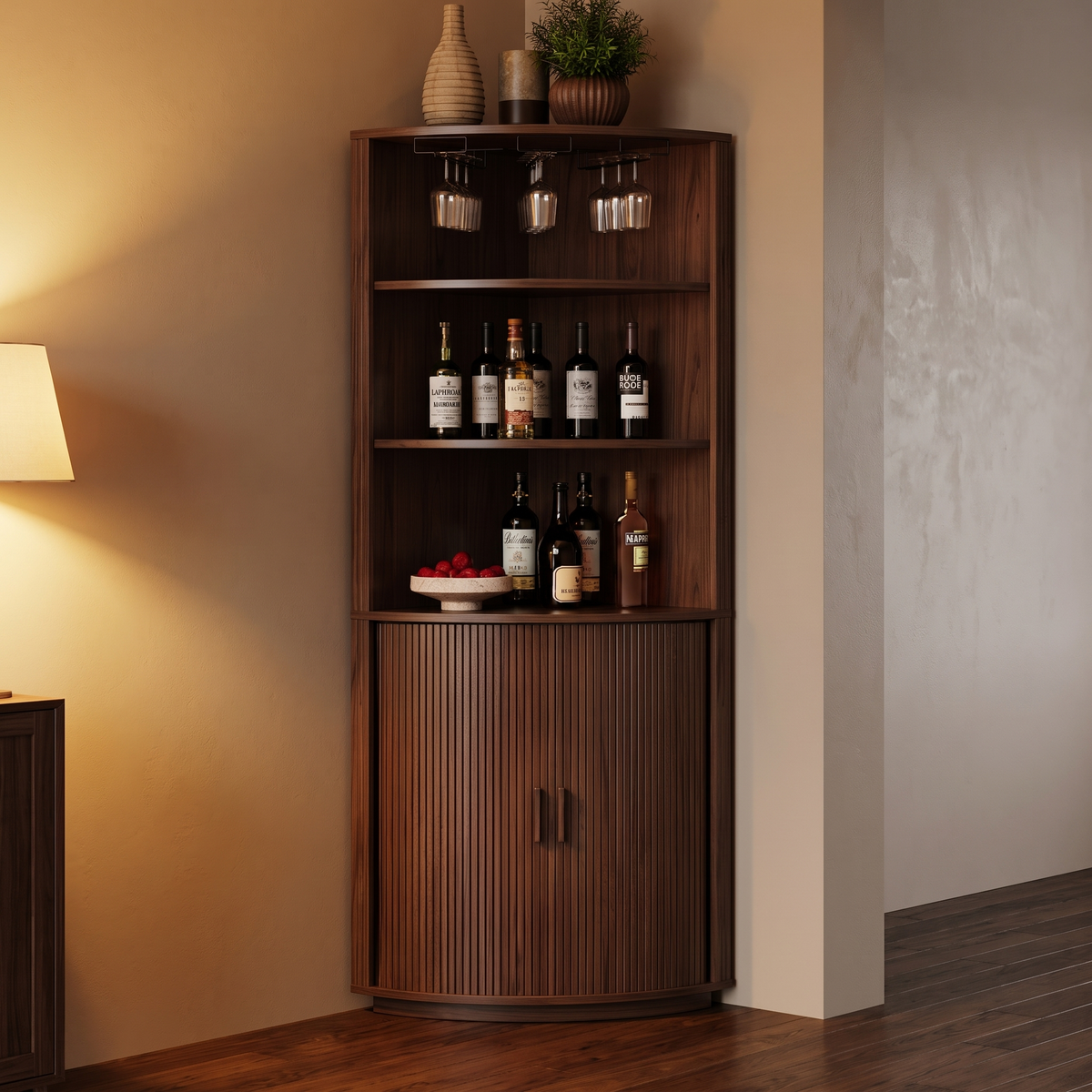 Corner bar cabinet in a dining room corner