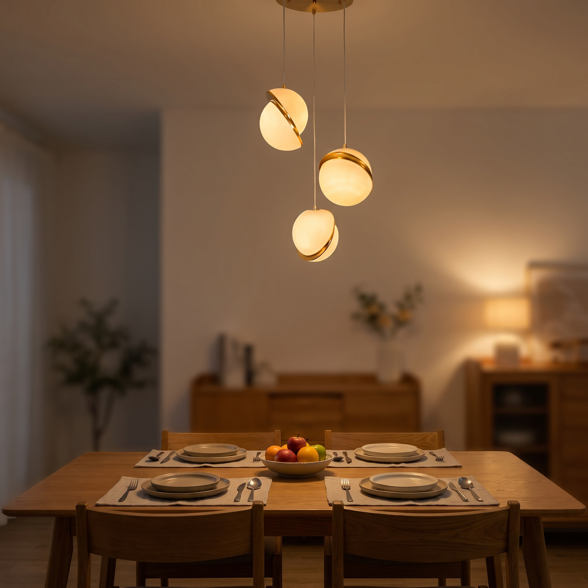 3 light white globe chandelier over a dining table