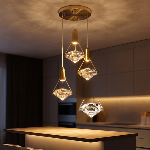 Gold diamond 3 head pendant over a kitchen island