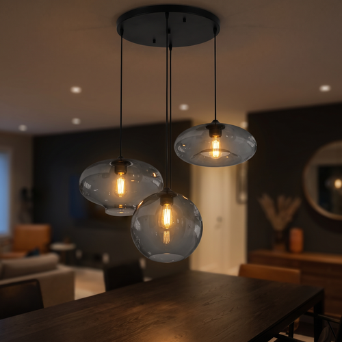 3 light smoke grey cluster pendant over a dining table