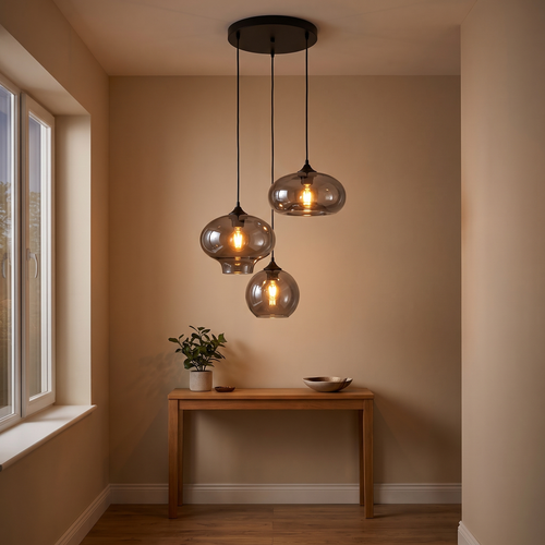 12in smoked glass 3 light pendant in an entrance hall