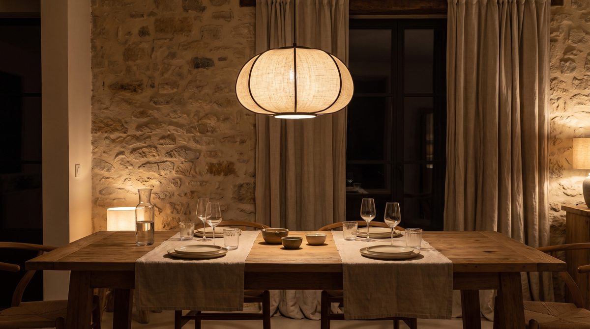 F-baafter dining table with the fabric pendant lit