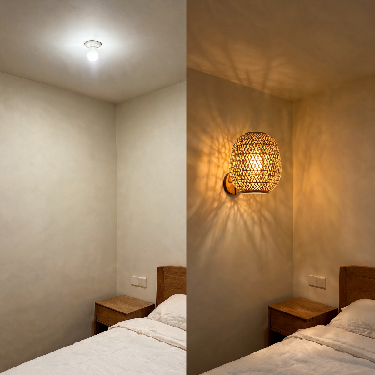 Same corner before and after the sconce is fitted