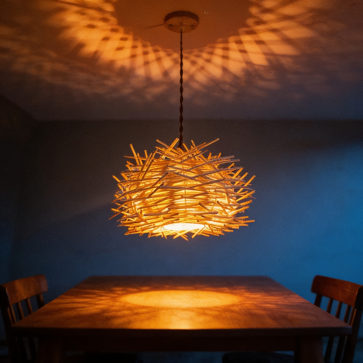 Woven bamboo pendant hanging low over a dining table