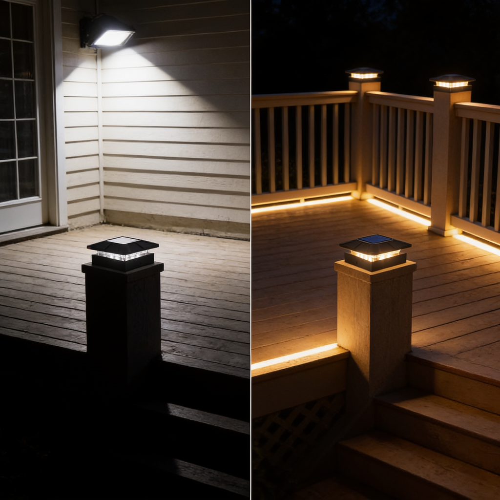 A floodlit deck versus one lit by post caps