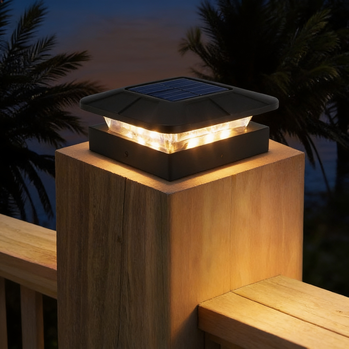 Solar post cap light glowing on a timber deck post at dusk