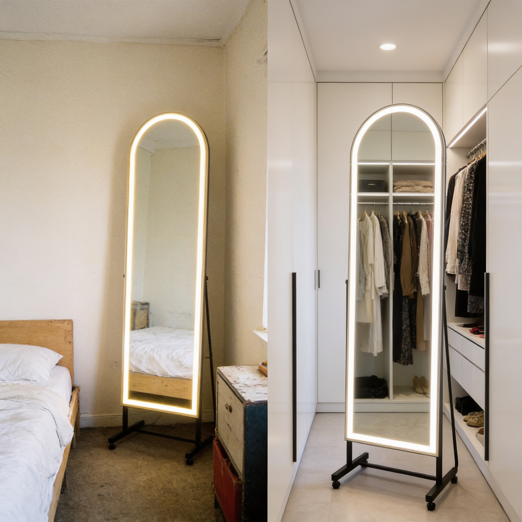 The mirror in a rented bedroom and in a modern dressing room