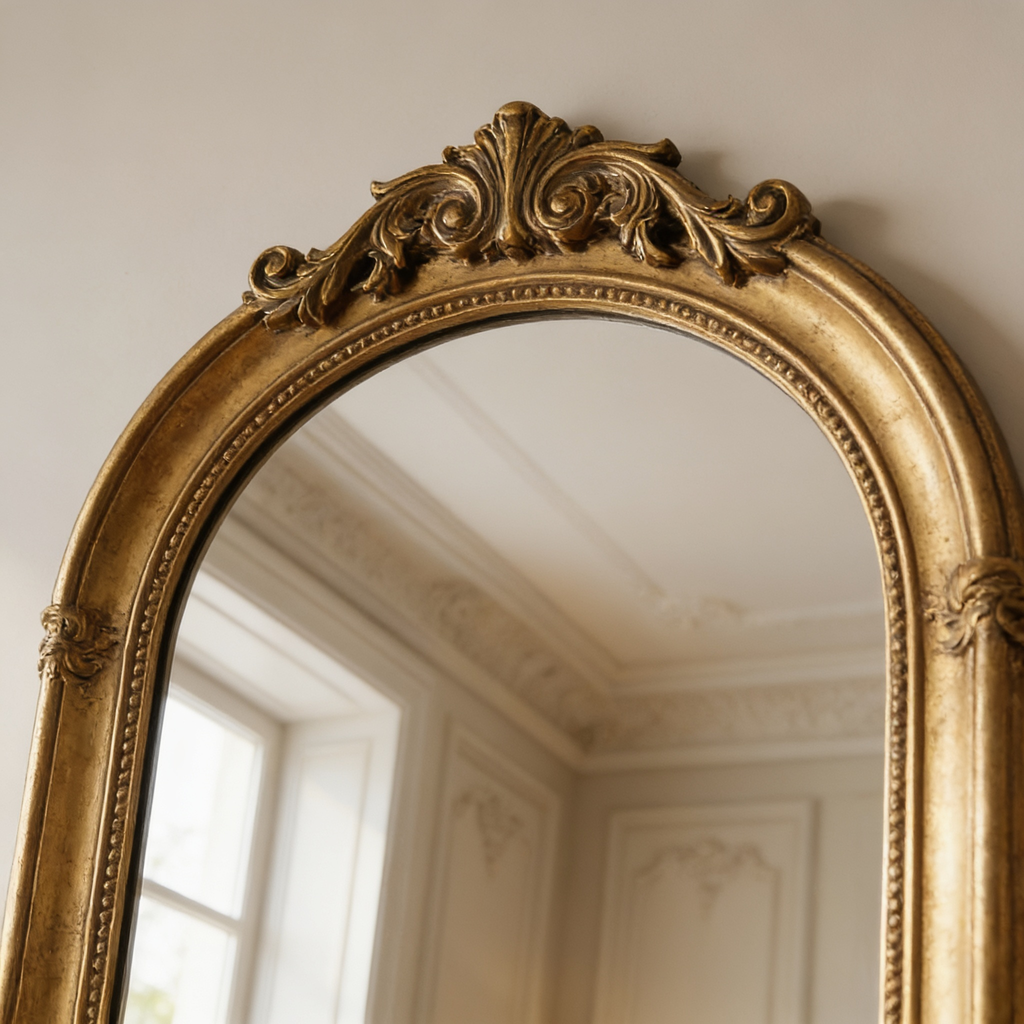 Close view of the vintage detailing worked into the gold metal