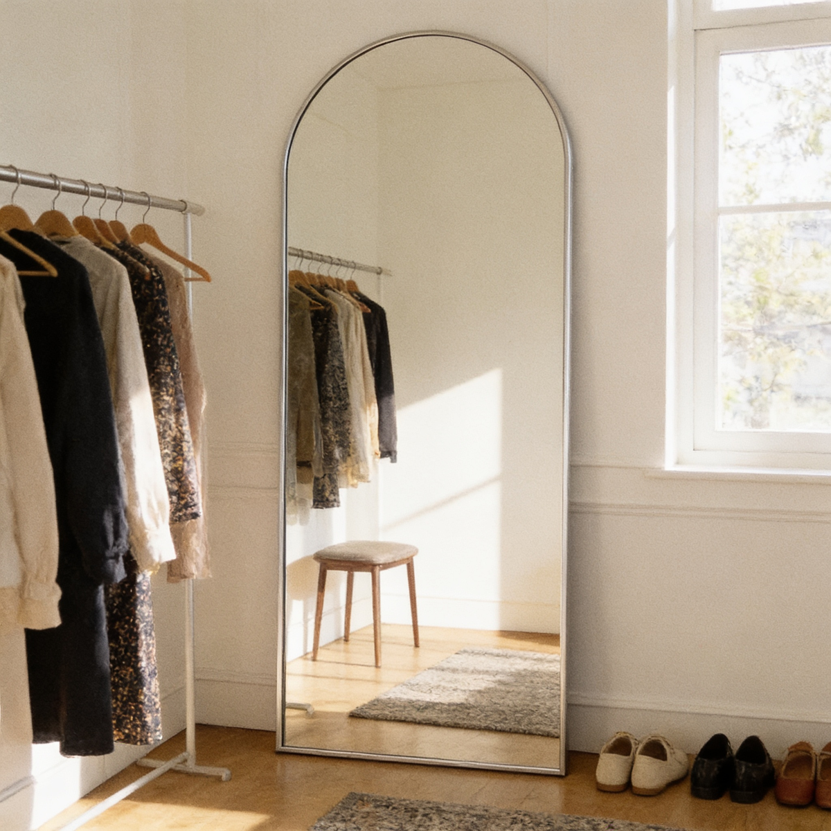 A finished dressing room with the arched mirror against the wall