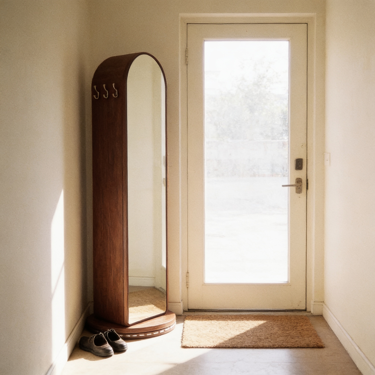 Rotating mirror and coat rack standing in an entryway