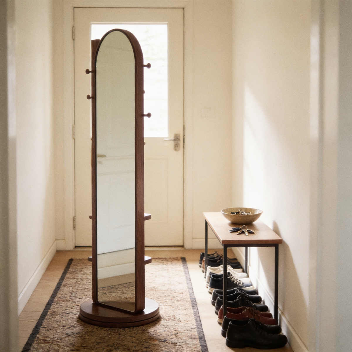 A tidy entryway with the coats turned out of sight