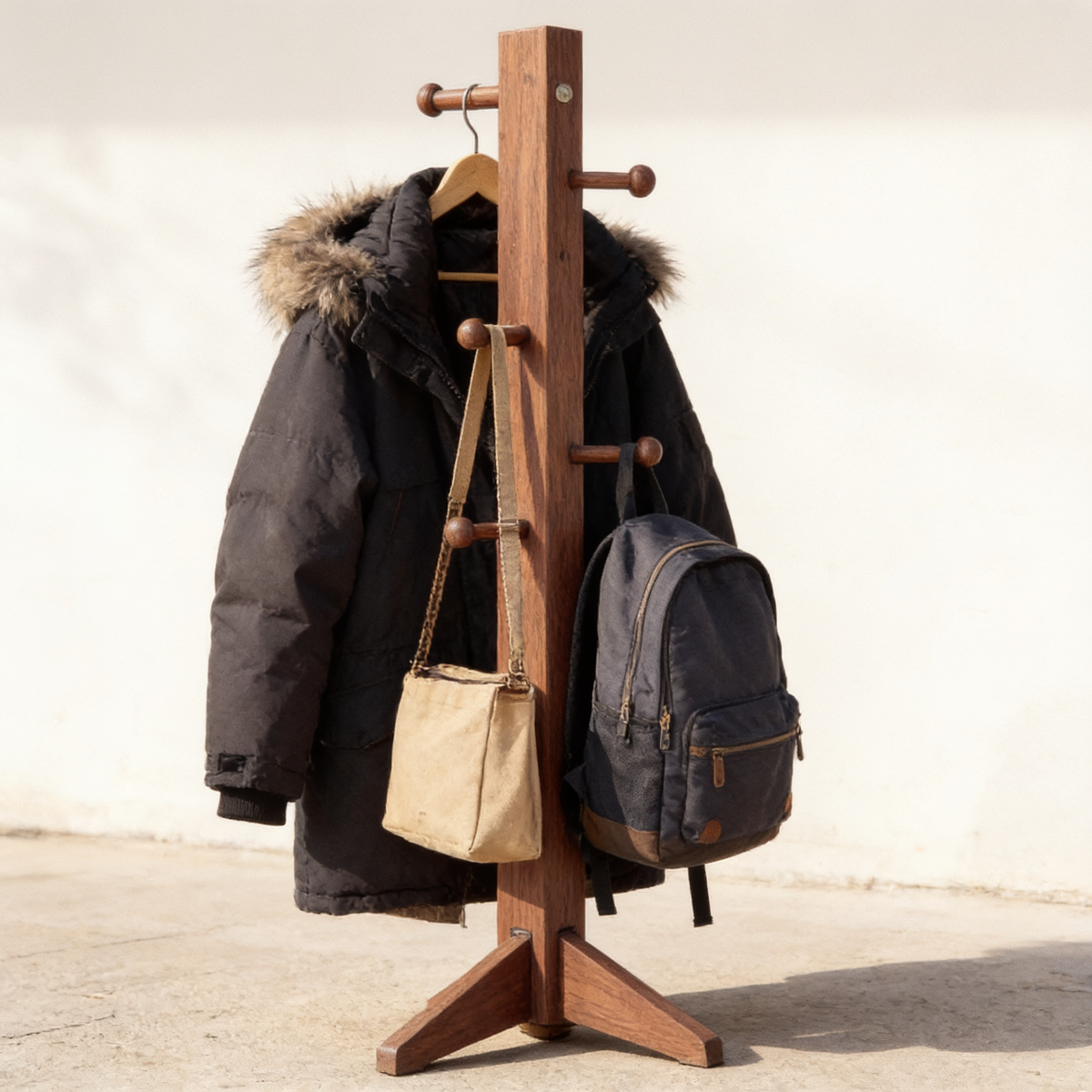 The hooks loaded with a coat, bag and rucksack, frame steady