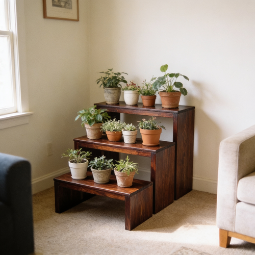 Three stepped pine plant stands in a living room corner