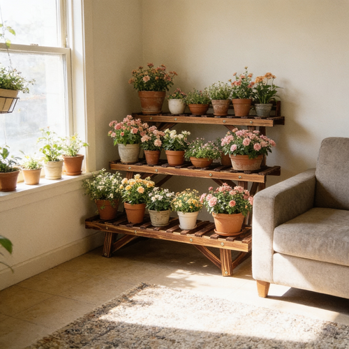 A finished living room corner filled with the tiered display