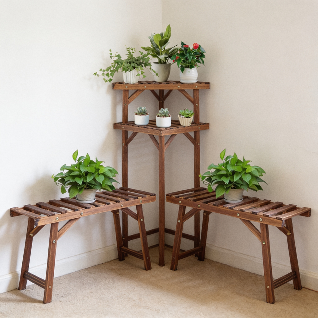 Three pine stands stepped into a living room corner