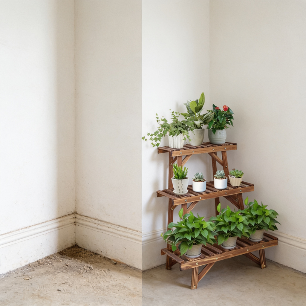 A dead empty corner versus the same corner filled with plants