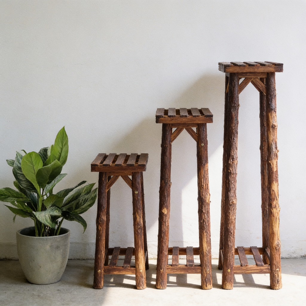 The three stands lined up shortest to tallest with a pot for scale