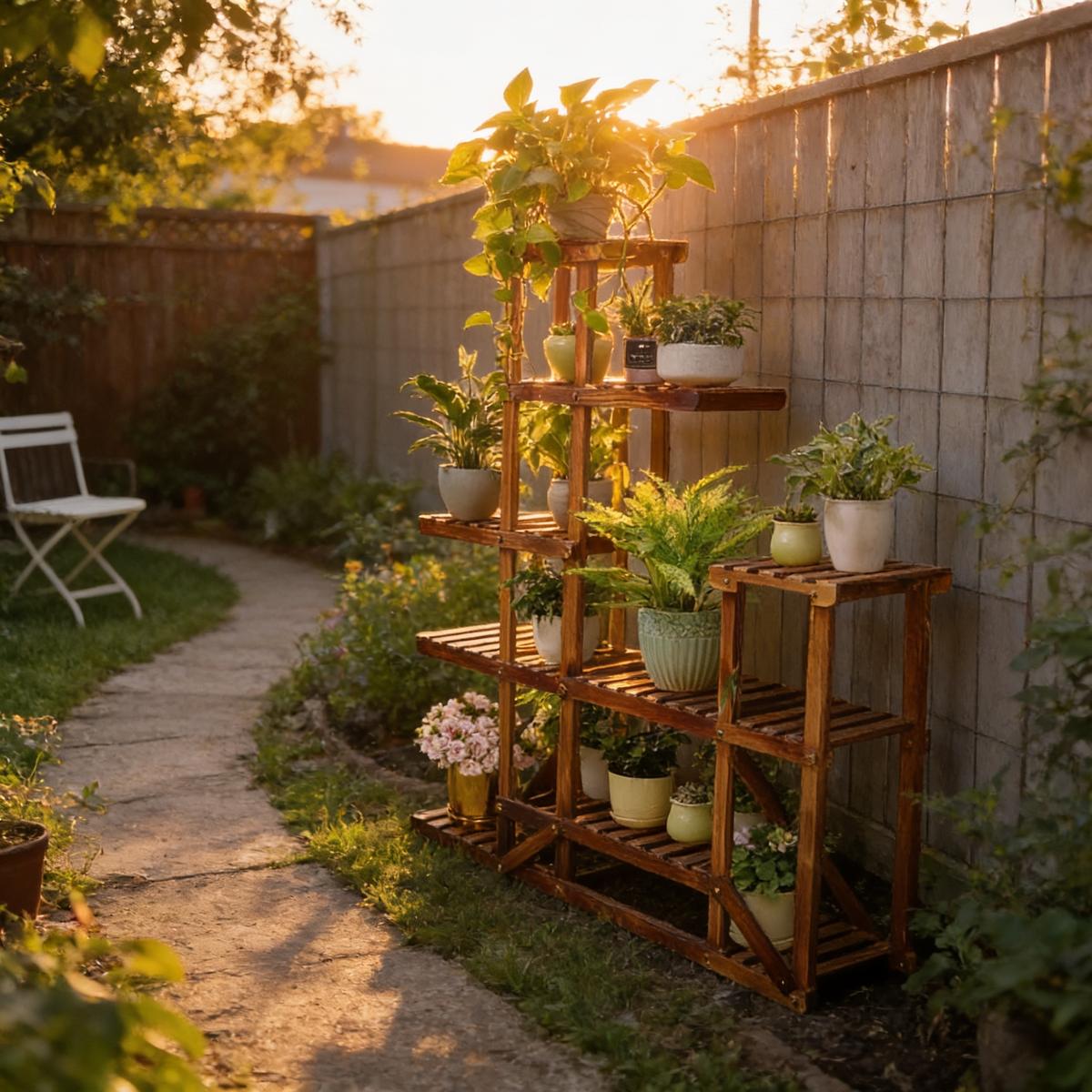 A finished small garden in evening sun with the tiered stand