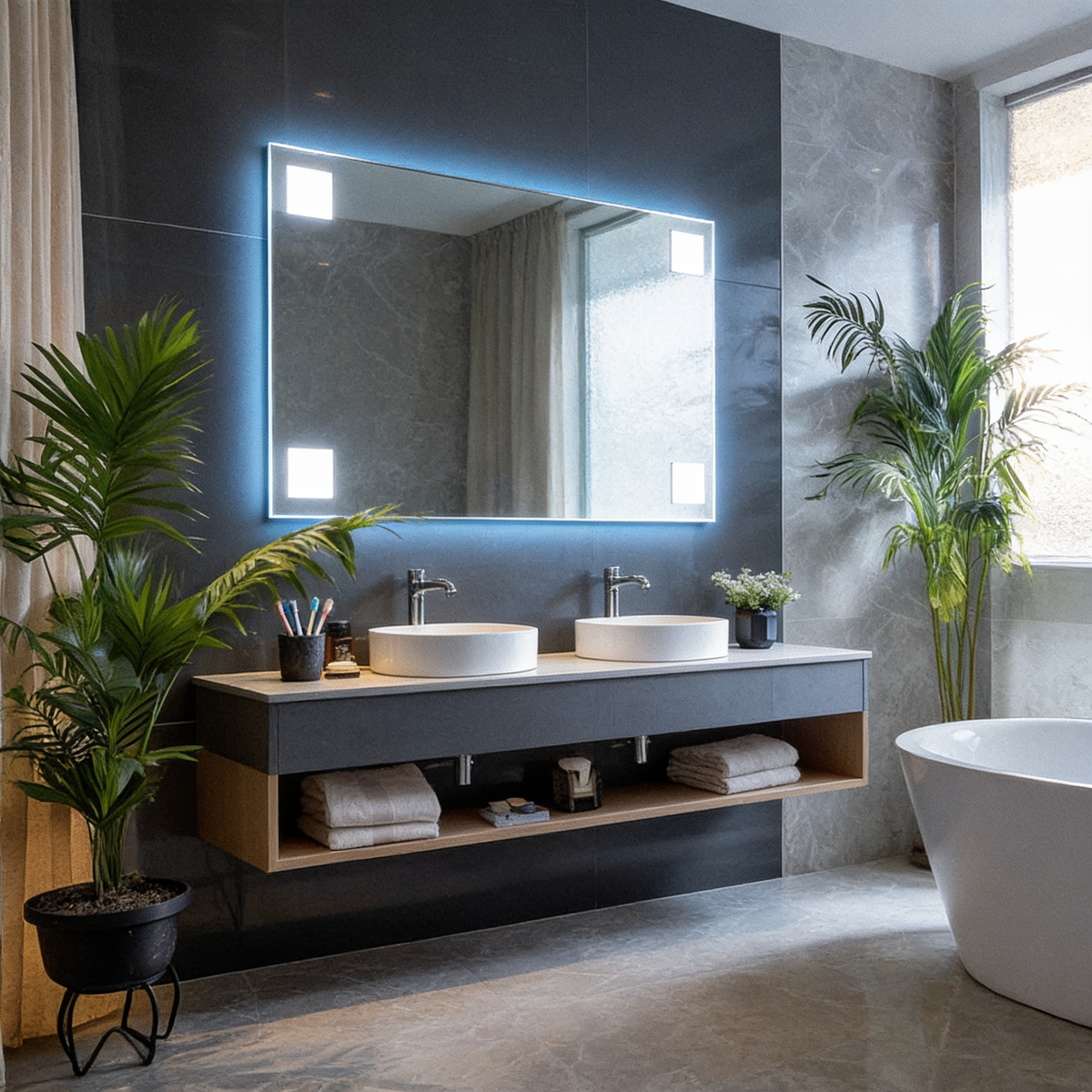 Backlit LED Bathroom Mirror, Anti-Fog Dimmable in 3 Sizes in use