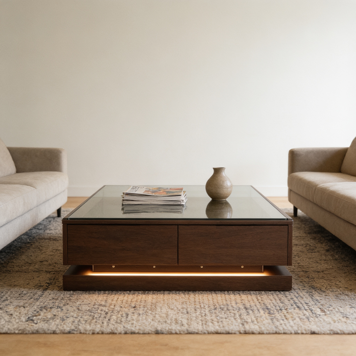 59in LED Coffee Table, Walnut Centre Table with 2 Drawers in use