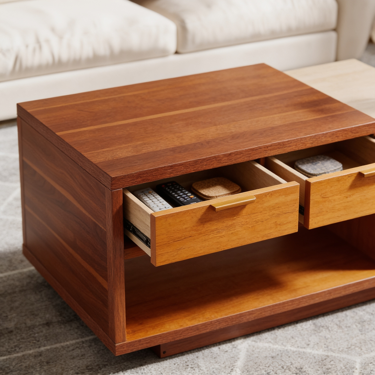 Extendable Coffee Table 42-65in, Walnut & Oak with Drawers in use