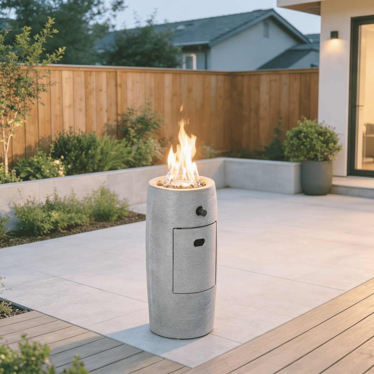 Propane Fire Column 40000 BTU, Outdoor Gas Fire Pit with Cover in use