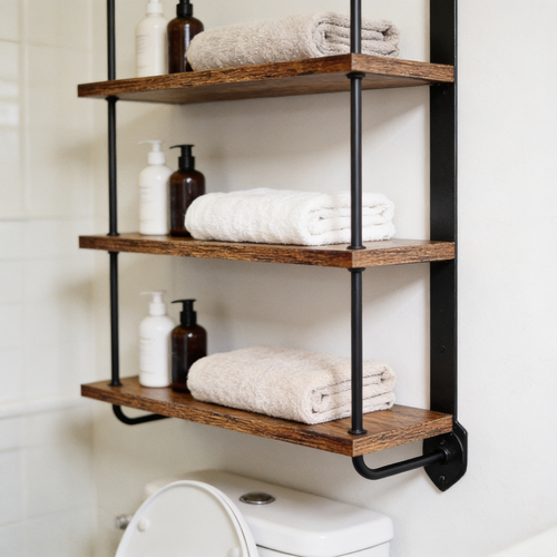 3-Tier Floating Shelves, Wood & Iron Wall Shelf Set in use