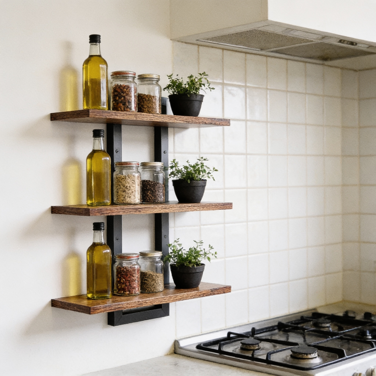 3-Tier Floating Shelves, Wood & Iron Wall Shelf Set in use