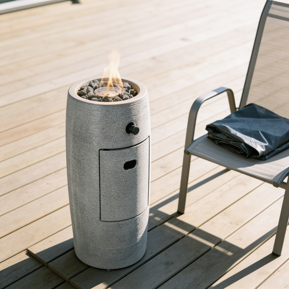Propane Fire Column 40000 BTU, Outdoor Gas Fire Pit with Cover in use