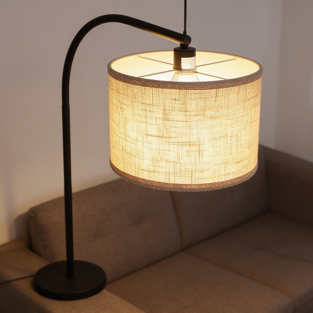 Arched Floor Lamp with Beige Linen Shade, Foot Switch in use