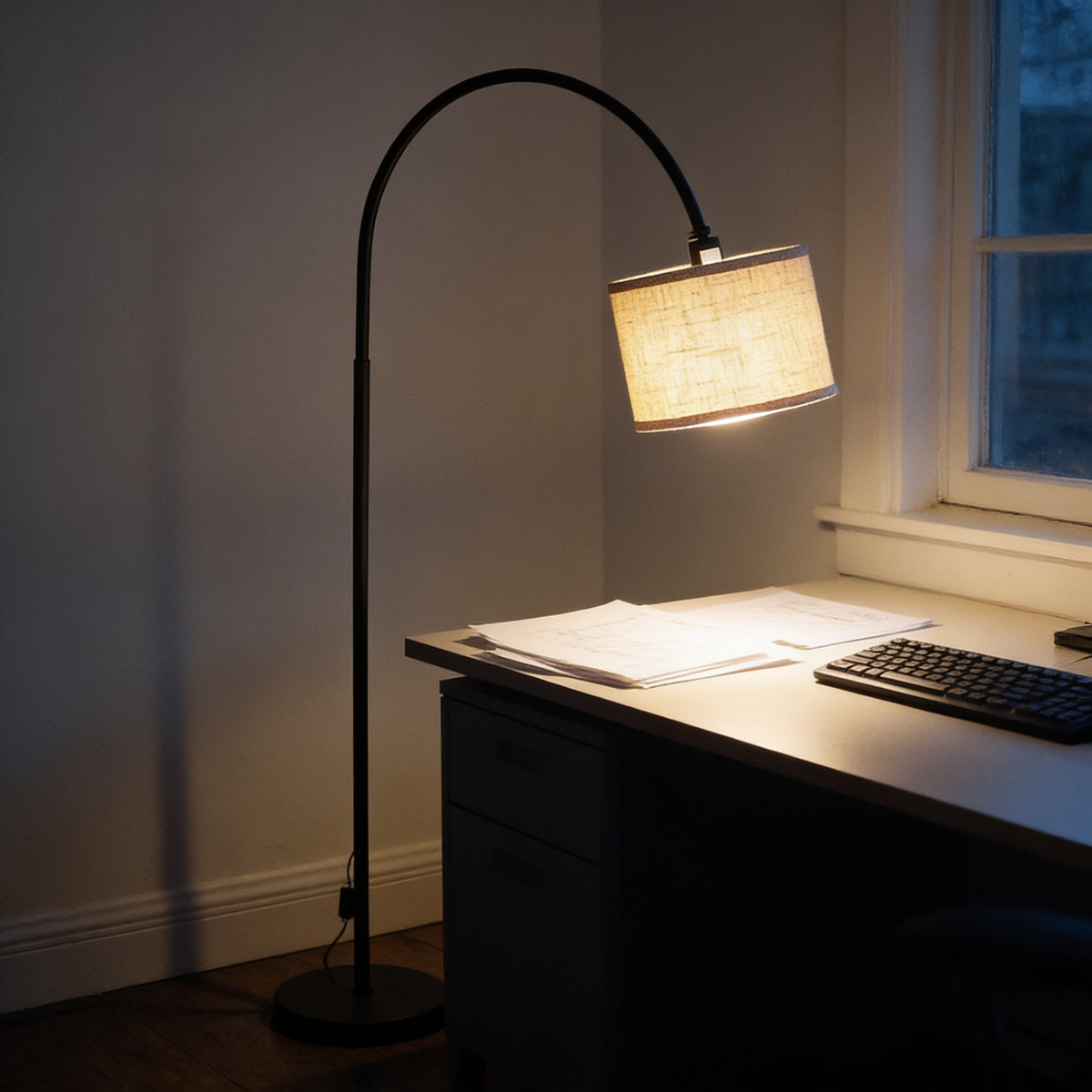 Arched Floor Lamp with Beige Linen Shade, Foot Switch in use