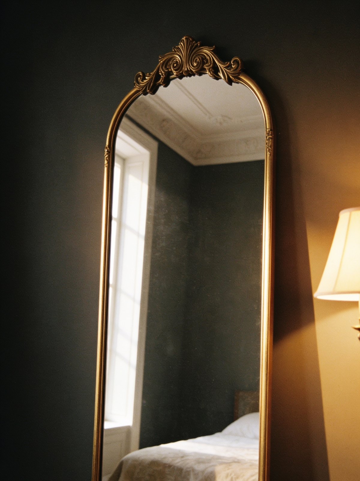 Antique gold against a deep painted wall setting the room's tone