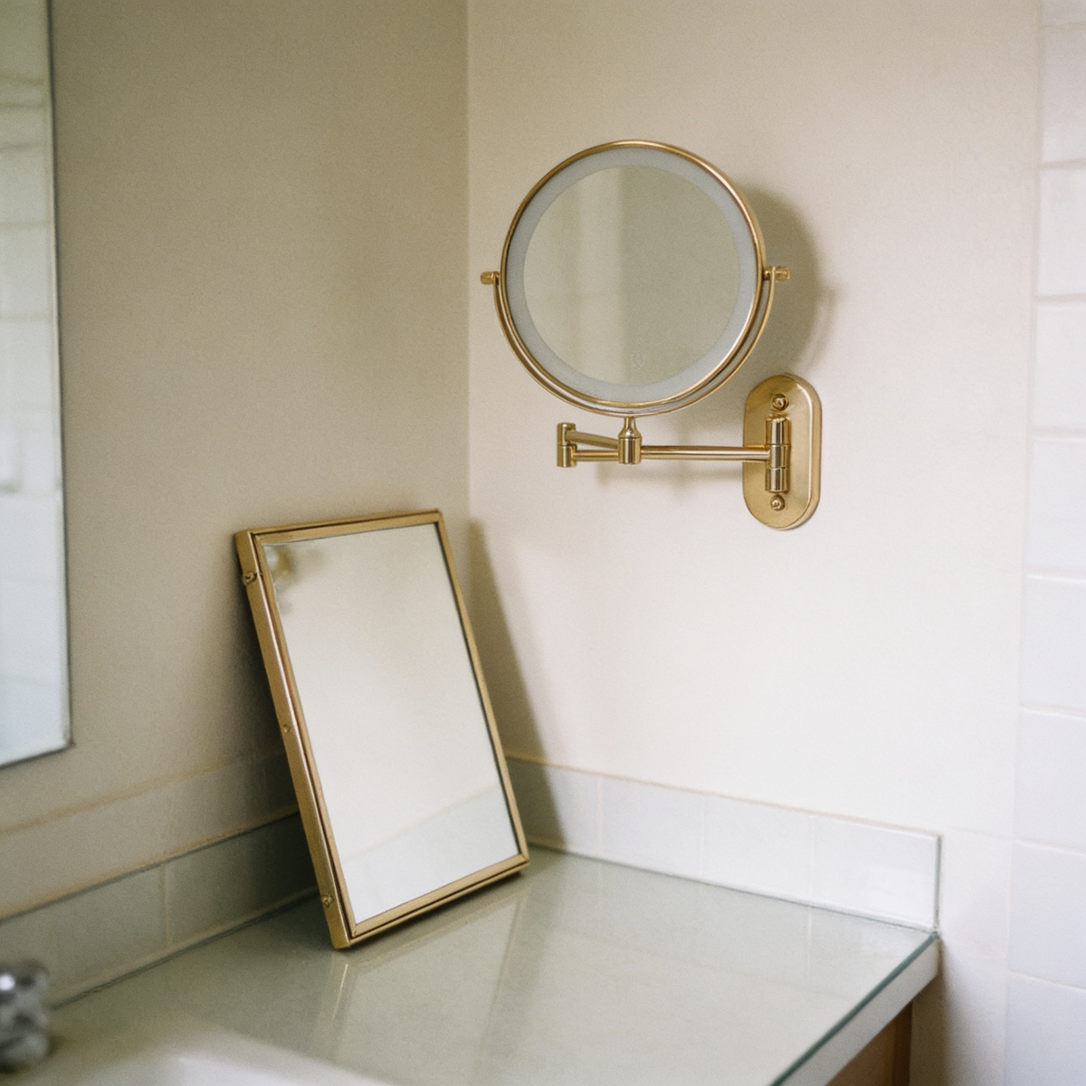 Folding Wall Makeup Mirror, Double-Sided LED Magnifying in use