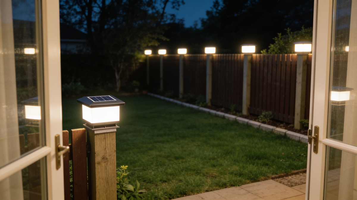 Lit posts drawing the garden boundary and lawn edge back in