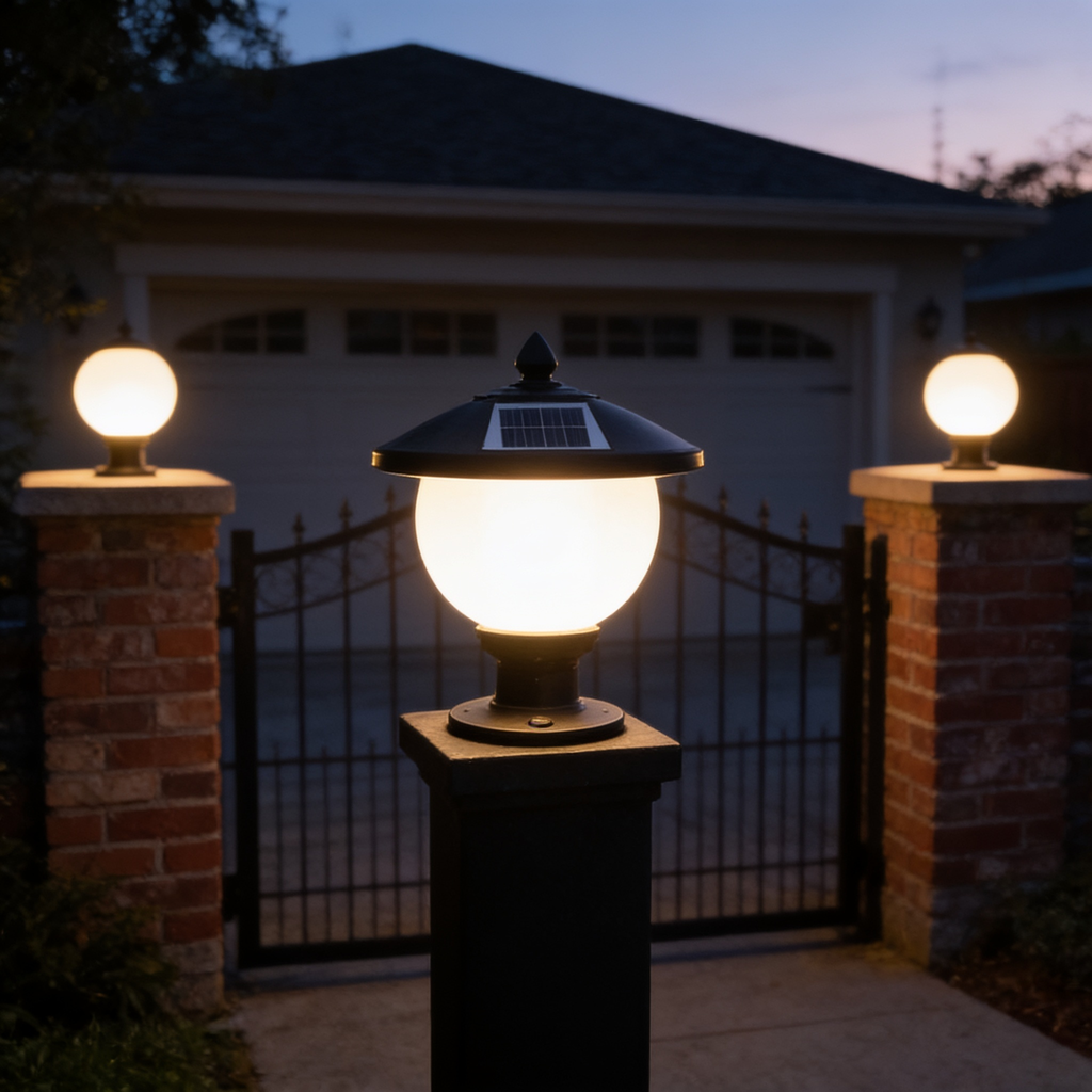Round Solar Post Lamp, 3-Colour Remote Gate & Pillar Light in use