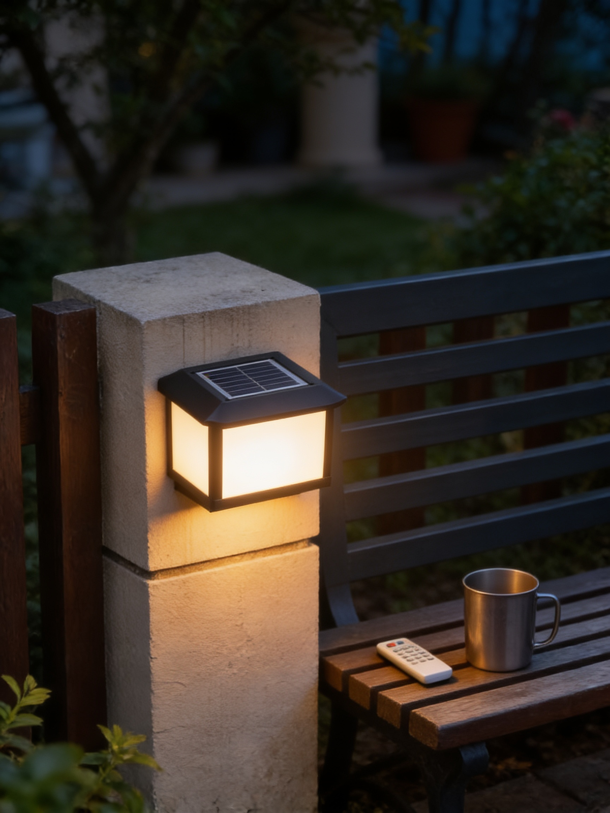 Cap light dimmed low beside a garden bench, remote to hand