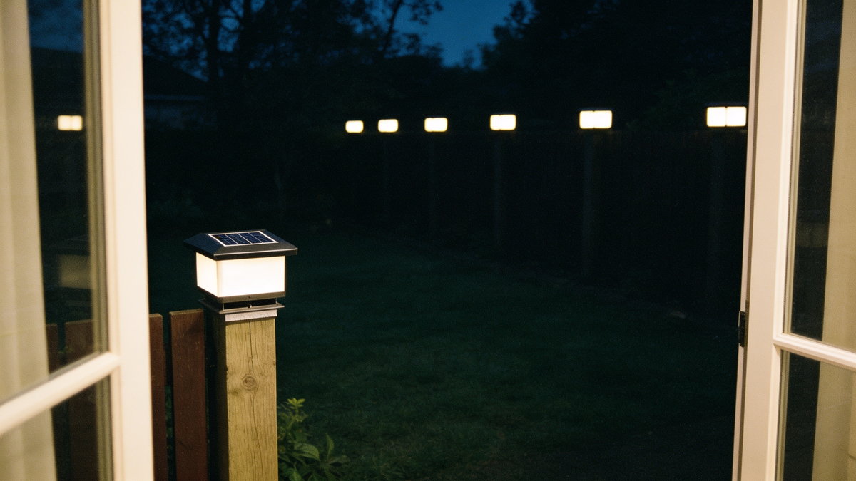 The same garden unlit, a black rectangle with no visible edge