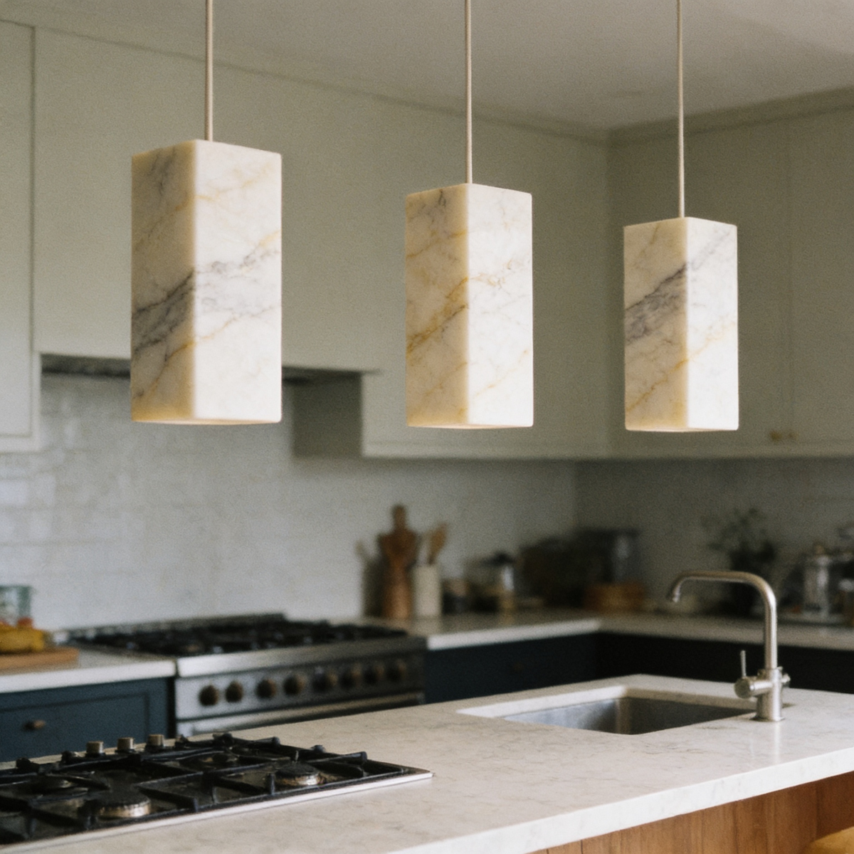 Spanish Marble Pendant Light, Alabaster Cylinder Light in use