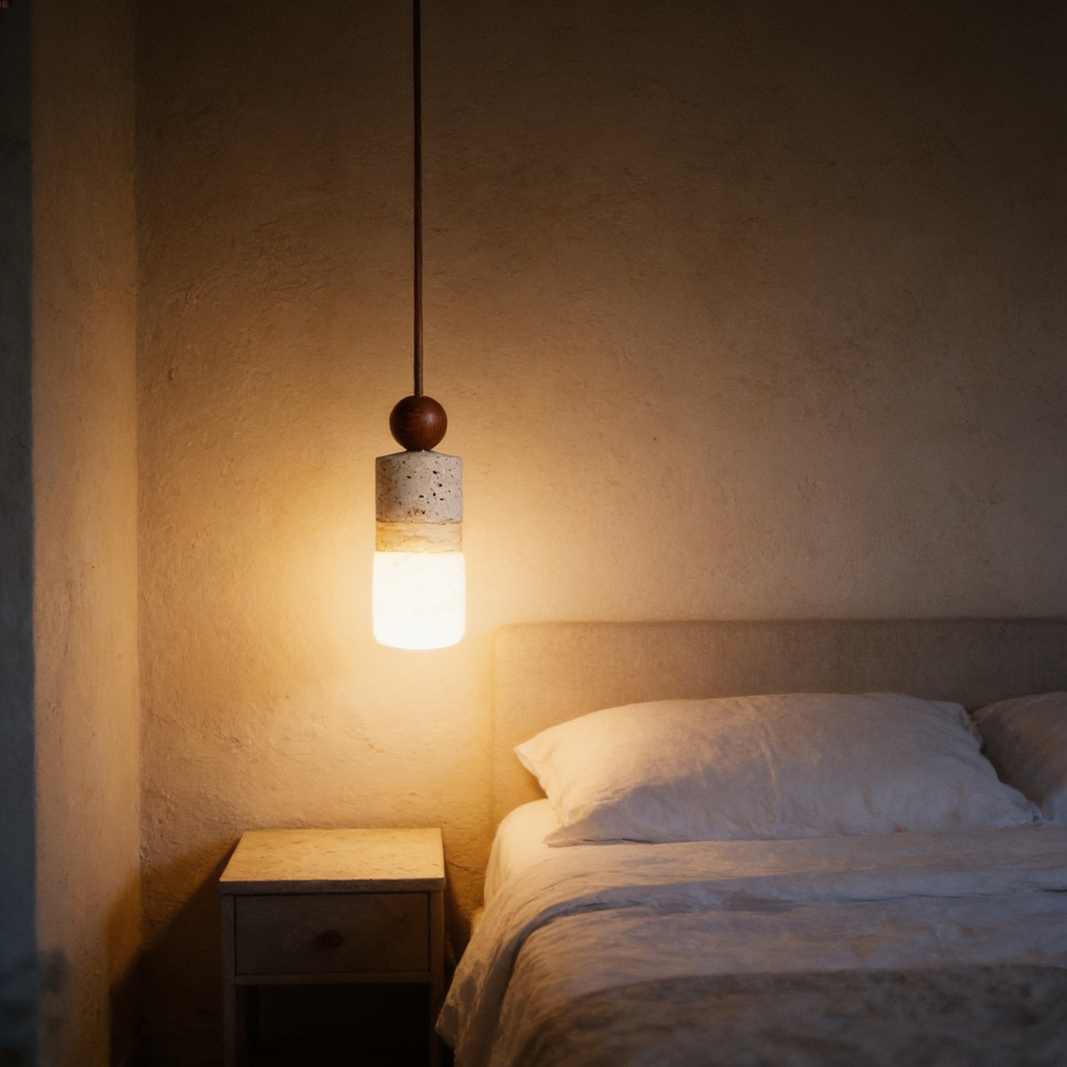 Travertine & Wood Pendant Light, Stone Ceiling Lamp in use