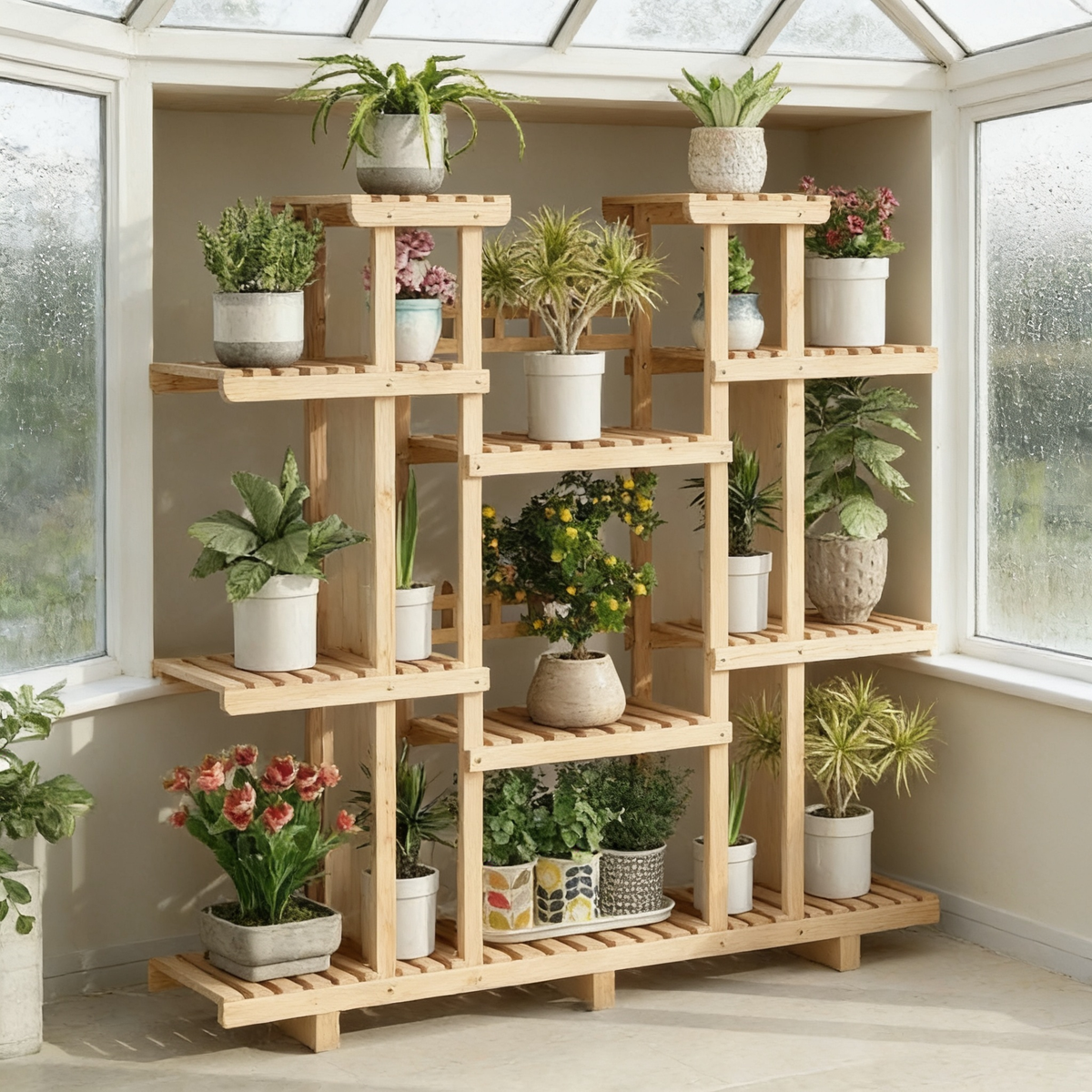 Large Pine Plant Shelf 46in, Multi-Tier Display Stand in use