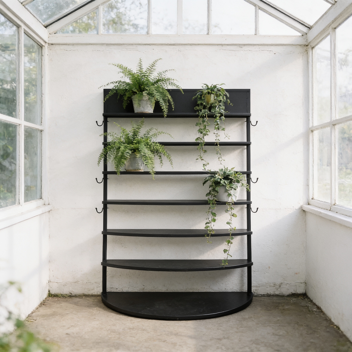 5-Tier Half Moon Plant Stand, Metal Rack with Hanging Hooks in use