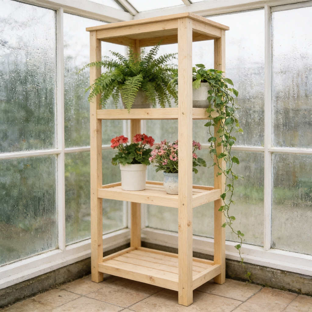 Multi-Tier Pine Plant Stand, 95x26x96cm Flower Pot Rack in use
